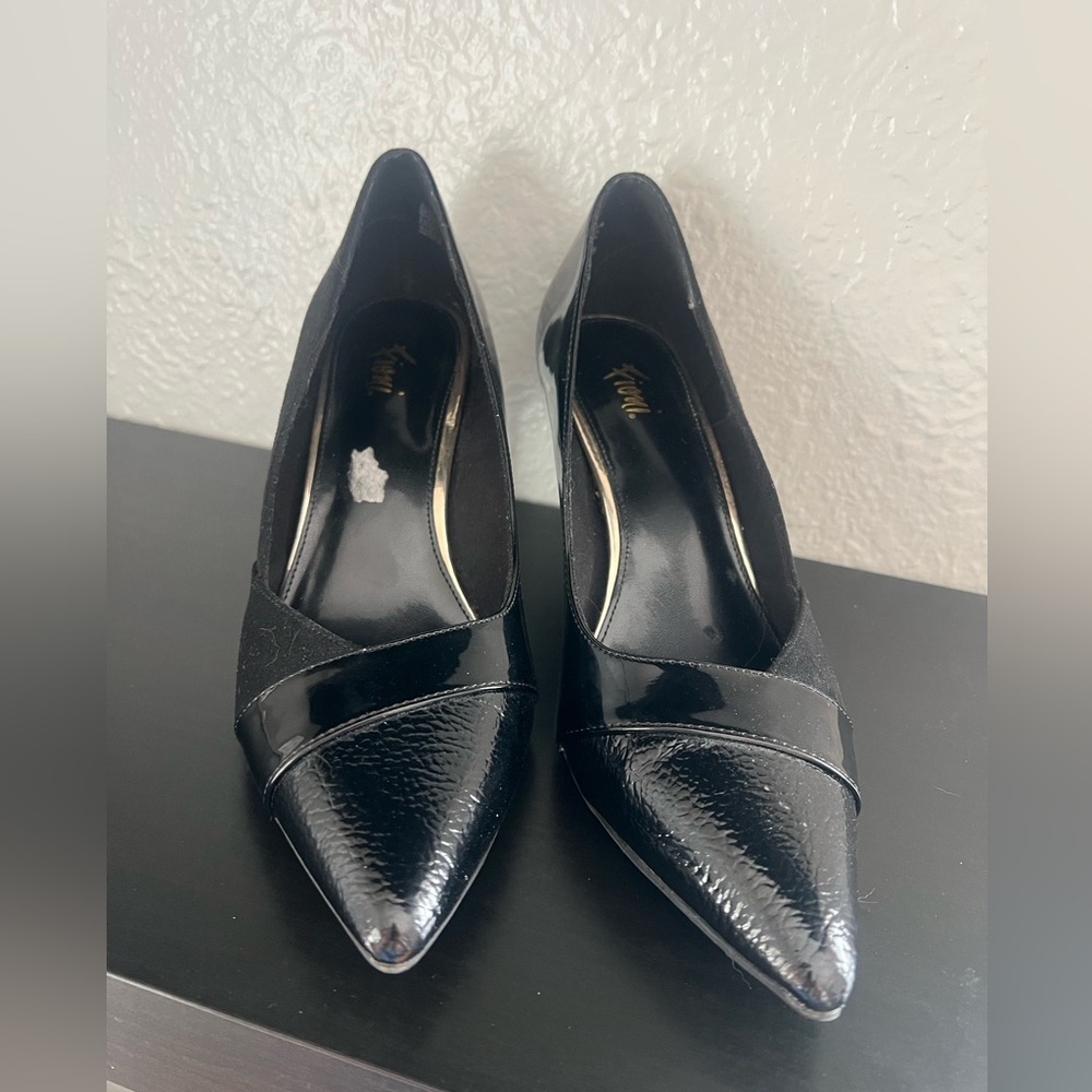 FIONI Black Embossed Patent Leather Suede Heels - Picture 2 of 7